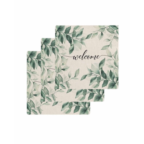 Green Leaves Kitchen Dish Towels for Drying Dishes Set of 3, Retro Spring Pastoral Botanical Farmhouse Waffle Weave Microfiber Terry Hand Tea Bathroom Towels Quick Dry & Absorbent Towel 12x12
