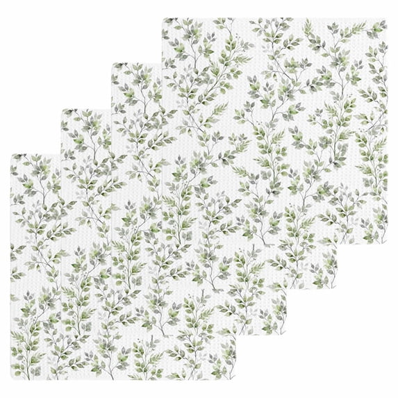 Green Leaves Kitchen Dish Towels for Drying Dishes Set of 4, Summer Botanical Elegant Farmhouse Waffle Weave Microfiber Hand Tea Bathroom Towels Quick Dry & Absorbent Towel 12x12