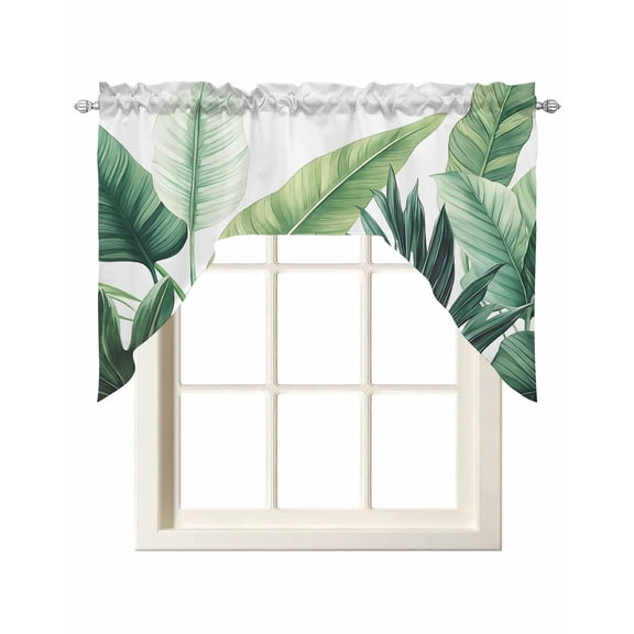 Green Leaves Kitchen Swag Valances for Windows, Rustic Summer Botanical Tropical Plants Swag Valances Curtains for Living Room, Rod Pocket Window Treatments for Bathroom, Bedroom, Cafe, 56"x36"
