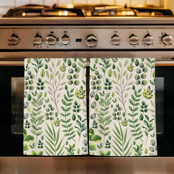 Green Leaves Kitchen Towels Set of 2, Elegant Pastoral Summer Botanical Rustic Absorbent Dish Towels for Kitchen, Microfiber Hand Towel, Quick Drying Tea Towel for Cleaning Decorative Dishcloths