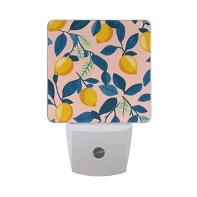 Green Leaves Lemons Illustration Style LED Night Light with Smart Sensor Plug Into Wall Dusk to Dawn 2 packs