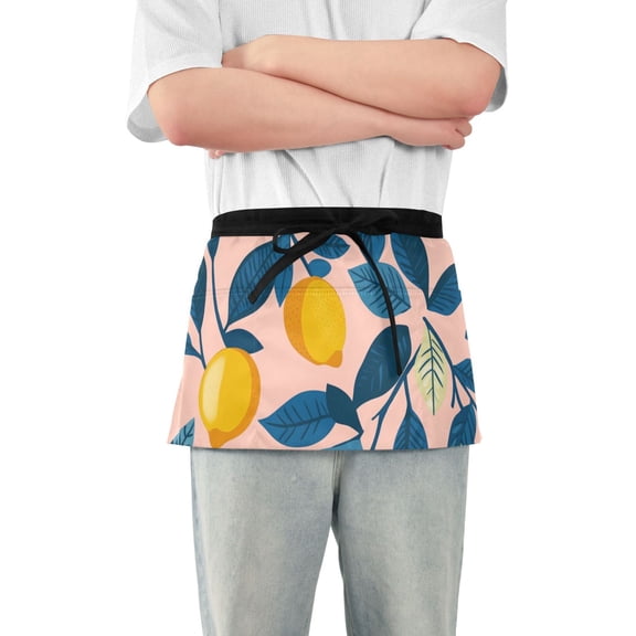 Green Leaves Lemons Illustration Style Short Server Apron with 3 Pockets for Unisex Chef Gardening