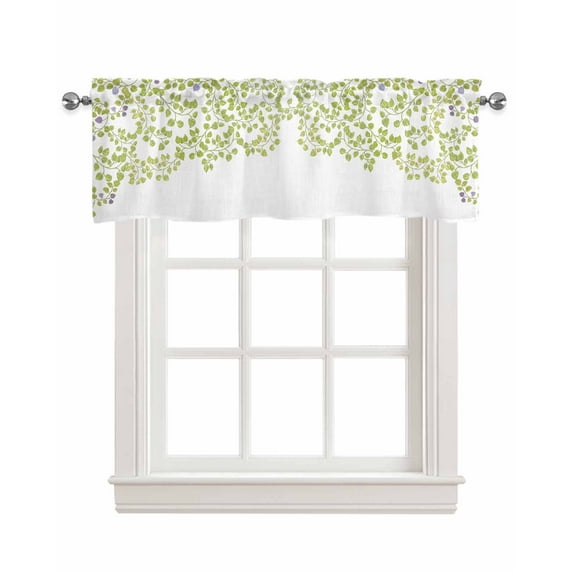 Green Leaves Linen Curtain Valance for Bedroom/Bathroom/Kitchen/Office/Living/Dining Room Window,Botanical Plant Spring Summer White Pocket Topper Drapes Decorative Cafe Drapery Panel 42"x12"