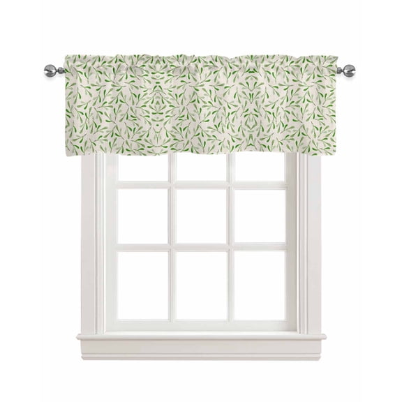 Green Leaves Linen Curtain Valance for Bedroom/Bathroom/Kitchen/Office/Living/Dining Room Windows,Botanical Watercolor Wild Herbs Spring Summer Pocket Topper Drapes Decorative Cafe Drapery 54x18