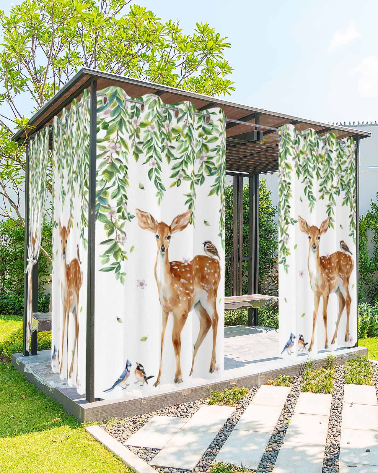 View of Green Leaves Outdoor Curtains for Patio, Watercolor Falling Green Leaf ...