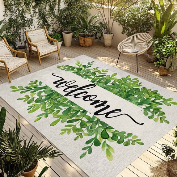 Green Leaves Outdoor Rug 4x6 Ft - Reversible Patio Rug Outdoor Camping Rugs, Spring Summer Farmhouse Watercolor Plant Beige Indoor Outdoor Area Rugs, Non-Slip Outdoor Carpet Runner for Deck/Porch