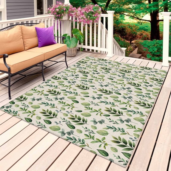 Green Leaves Outdoor Rug for Patio/Deck/Porch, Non-Slip Large Area Rug 3 x 5 Ft, Pastoral Rustic Botanical Plant Beige Indoor Outdoor Rugs Washable Area Rugs, Reversible Camping Rug Carpet Runner