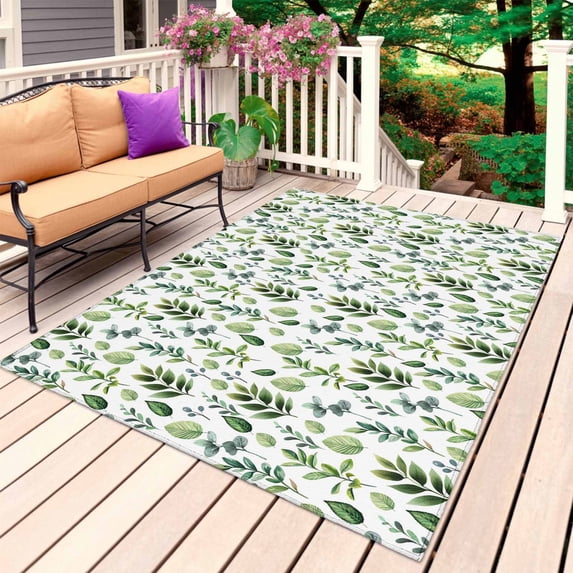 Green Leaves Outdoor Rug for Patio/Deck/Porch, Non-Slip Large Area Rug 5 x 7 Ft, Pastoral Rustic Botanical Plant Watercolor Indoor Outdoor Rugs Washable Area Rugs, Camping Rug Carpet Runner