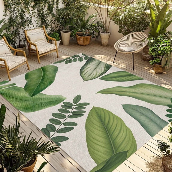 Green Leaves Outdoor Rug for Patio/Deck/Porch, Non-Slip Large Area Rug 5 x 7 Ft, Tropical Summer Botanical Watercolor Elegant Rustic Indoor Outdoor Rugs Washable Area Rugs, Camping Rug Carpet Runner