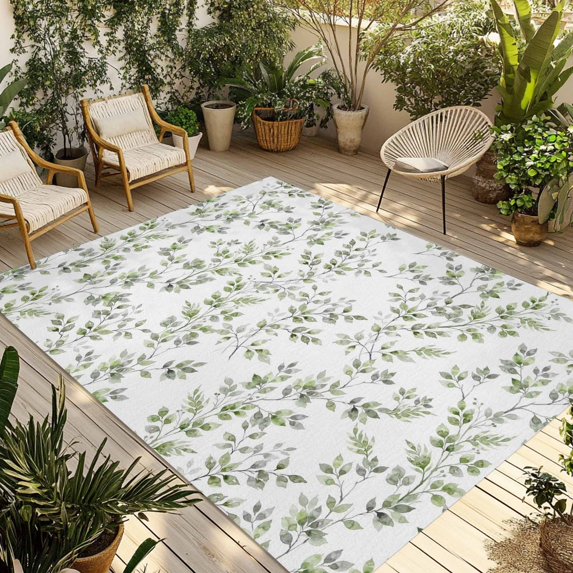 Green Leaves Outdoor Rug for Patio/Deck/Porch, Non-Slip Large Area Rug 5 x 8 Ft, Summer Botanical Elegant Farmhouse Indoor Outdoor Rugs Washable Area Rugs, Reversible Camping Rug Carpet Runner