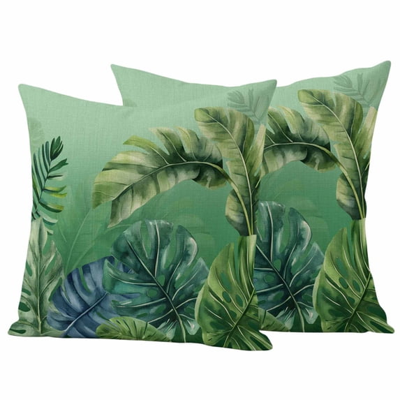 Green Leaves Outdoor Waterproof Pillow Covers, Watercolor Farmhouse Tropical Plants Decorative Square Throw Pillowcase Sofa Cushion Sham for Patio/Couch/Chair, 26"x26" 2 Pack