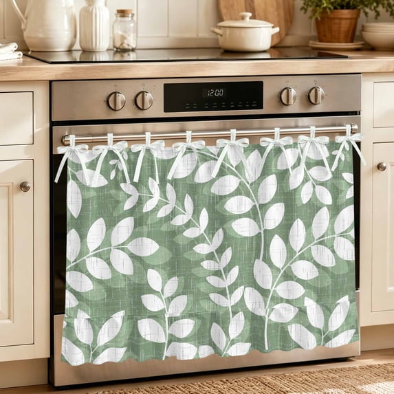 Green Leaves Oven Skirt for Farmhouse Kitchen Décor, Farmhouse Botanical Branch Vintage Boho Leaf Oven Curtain Tie Top Decorative Stove Skirt, Cabinet Dish Washer Curtains with 8 Ribbon Ties 27"x20"