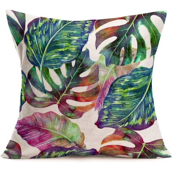 Green Leaves Pillow Covers Cotton Linen Tropical Palm Leaf Decorative Throw Pillow Case Summer Cushion Cover for Home Bench/Couch/Sofa 18" X 18" (Leaf1)