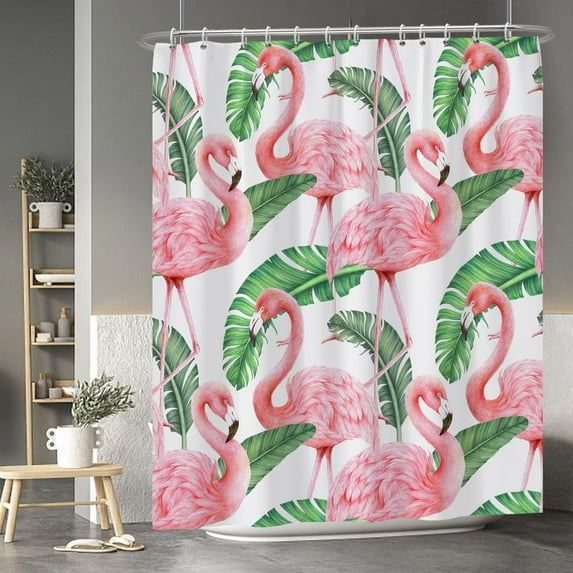 Green Leaves Pink Flamingo Shower Curtain Tropical Plants Modern Watercolor Shower Curtains for Bathroom Home Bathtubs Waterproof Fabric Shower Curtain with Hooks 72x84 Inches