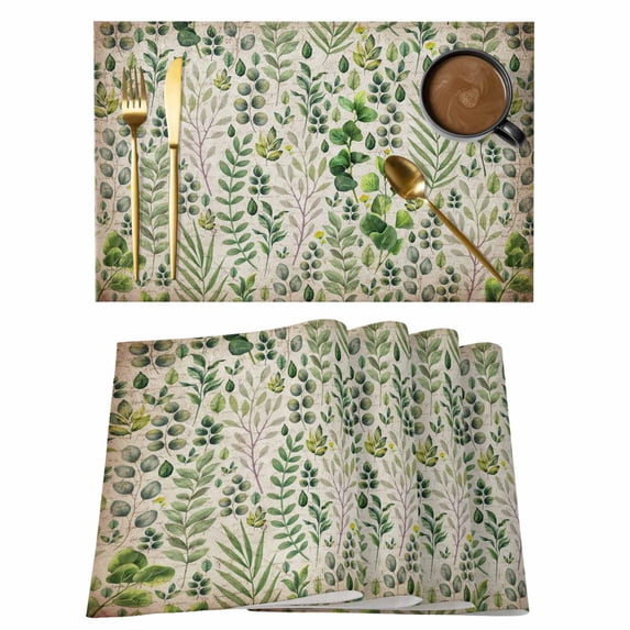Green Leaves Placemats Set of 6, Elegant Pastoral Summer Botanical Vintage Placemats for Dining Table, Place Mats for Kitchen Tabletop, Waterproof Wipeable Dining Table Mats Set