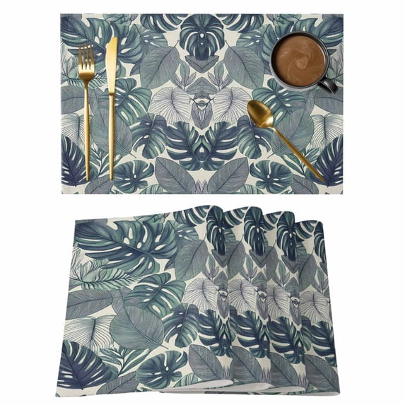 Green Leaves Placemats Set of 6 Summer Botanical Tropical Palm Plant Place Mats Indoor Wipeable Table Mats Washable Cloth Dining Table Placemats for Kitchen Holiday Party Home Decor 13x19 Inch