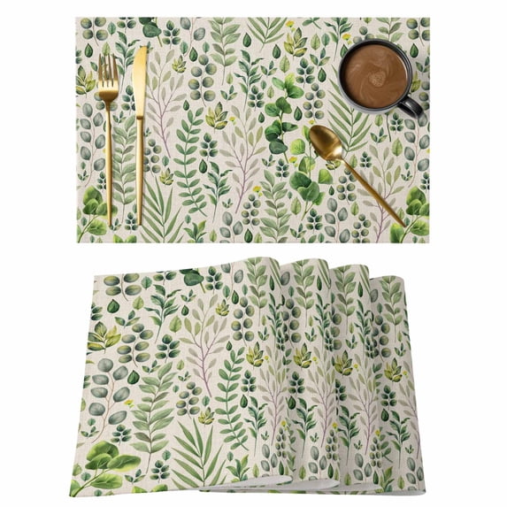 Green Leaves Placemats Set of 8, Elegant Pastoral Summer Botanical Rustic Placemats for Dining Table, Place Mats for Kitchen Tabletop, Waterproof Wipeable Dining Table Mats Set