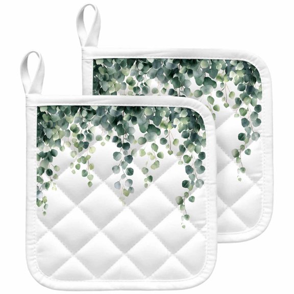 Green Leaves Pot Holders for Kitchen Heatproof Potholder, 2 Pack Watercolor Spring Eucalyptus Branches Hot Pads Multipurpose Oven Pads Cloth Potholders Trivet for Cooking and Baking