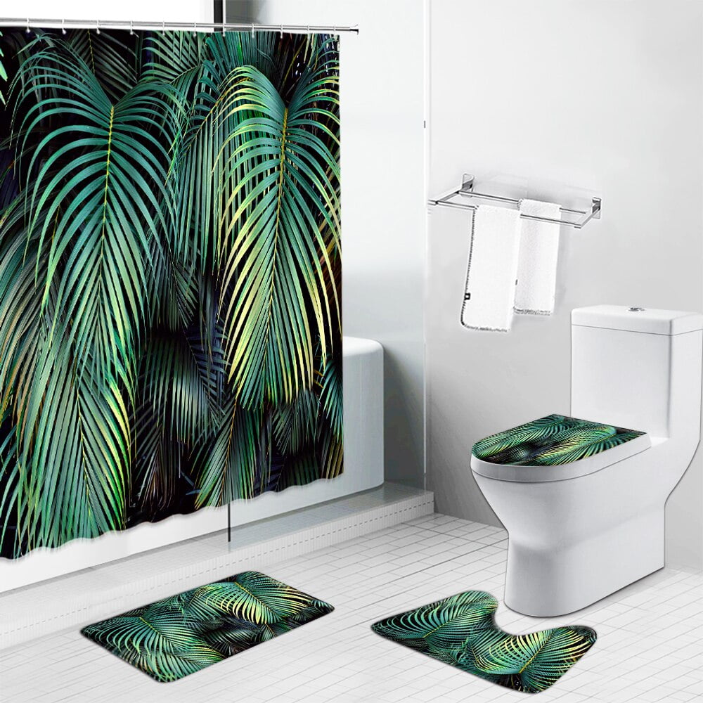Green Leaves Printed Shower Curtains Bath Mat Tropical Plant Leaf