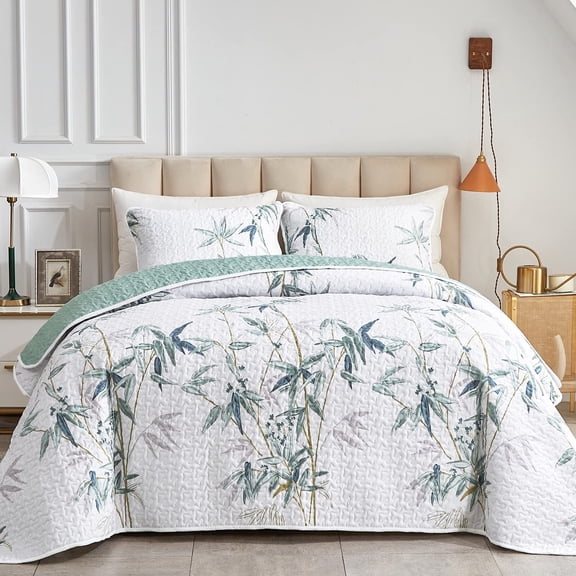 Green Leaves Queen-90" x 90" (1 Quilt + 2 Pillow Shams) Botanical Quilt Set