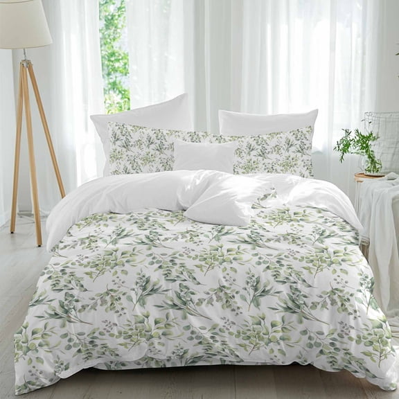 Green Leaves Queen Size Comforter Set, Eucalyptus Leaf Watercolor Plants Spring Bedding for All Seasons, 4 Pcs Bed Set, 1Quiltcover (90"x92") ,1Sheet(94"x116"), 2Pillowcases (30"x20")