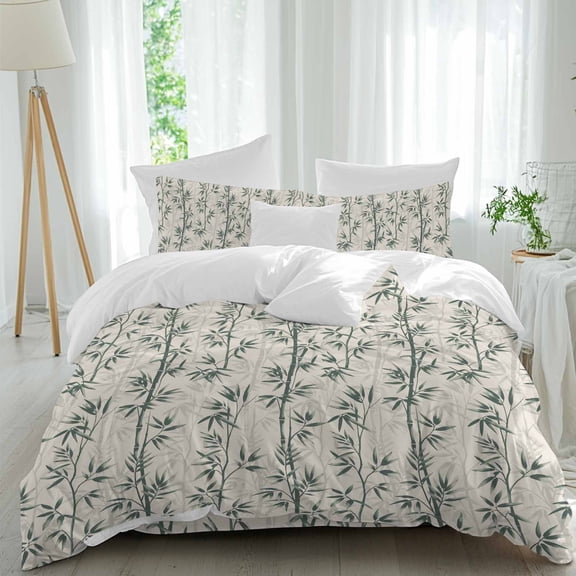 Green Leaves Queen Size Comforter Set, Hand-Painted Modern Spring Plant Teal Green Botanical Bedding for All Seasons, 4 Pcs Bed Set, 1Quiltcover (90"x92") ,1Sheet(94"x116"), 2Pillowcases (30"x20")
