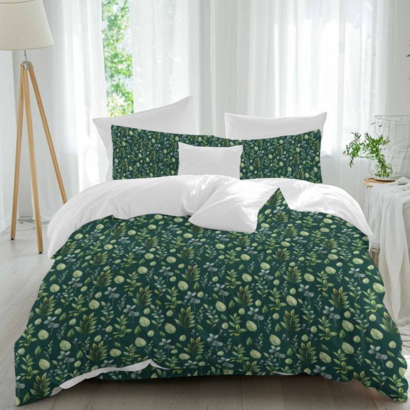 Green Leaves Queen Size Comforter Set, Pastoral Plant Watercolor Green Background Bedding for All Seasons, 4 Pcs Bed Set, 1Quiltcover (90"x92") ,1Sheet(94"x116"), 2Pillowcases (30"x20")