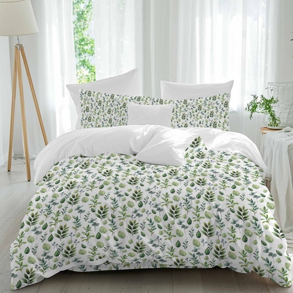 Green Leaves Queen Size Comforter Set, Pastoral Plant Watercolor Spring Leaf Bedding for All Seasons, 4 Pcs Bed Set, 1Quiltcover (90"x92") ,1Sheet(94"x116"), 2Pillowcases (30"x20")