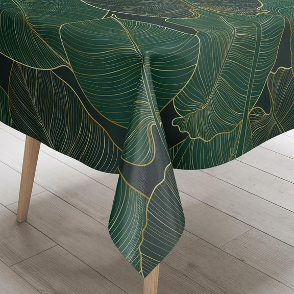 Green Leaves Rectangle Tablecloth, Tropical Palm Leaf Luxury Gold and Natural Waterproof Table Covers for Dining Room Kitchen Living Room, 60x84 Inches
