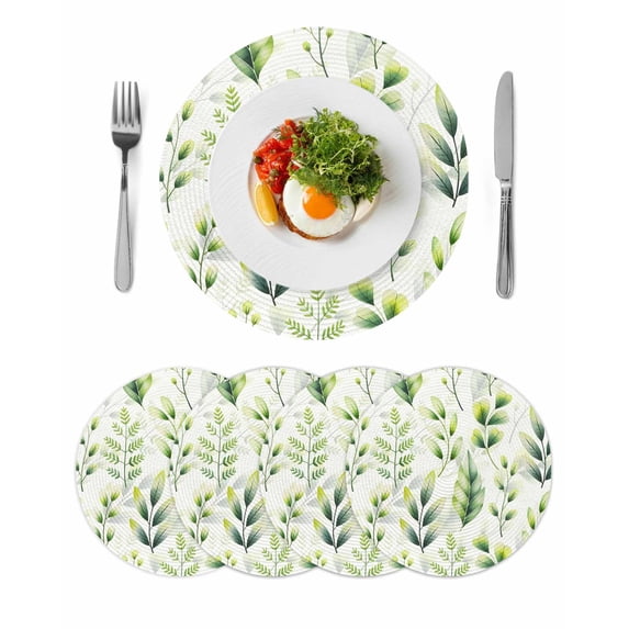 Green Leaves Round 13 Inch Placemats Set of 4, Summer Botanical Farmhouse Leaf Watercolor HeatResistant Non Slip Place Mats for Dining Table, Wipeable Braided Kitchen Table Mats for Housewarming