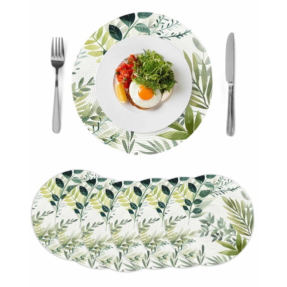 Green Leaves Round 13 Inch Placemats Set of 6, Summer Botanical Farmhouse Watercolor Leaf HeatResistant Non Slip Place Mats for Dining Table, Wipeable Braided Kitchen Table Mats for Housewarming