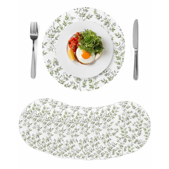 Green Leaves Round 15 Inch Placemats Set of 8, Summer Botanical Elegant Farmhouse HeatResistant Non Slip Place Mats for Dining Table, Wipeable Braided Kitchen Table Mats for Housewarming