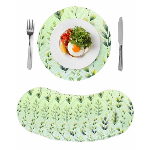 Green Leaves Round 15 Inch Placemats Set of 8, Summer Botanical Farmhouse Leaf HeatResistant Non Slip Place Mats for Dining Table, Wipeable Braided Kitchen Table Mats for Housewarming