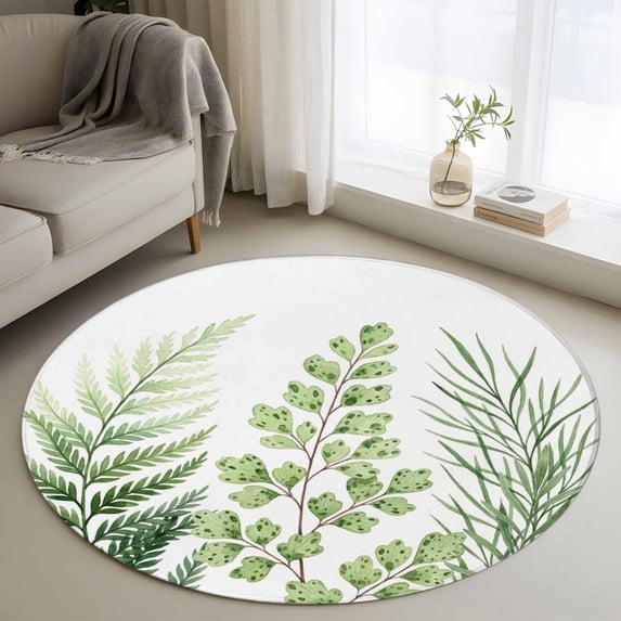 Green Leaves Round Area Rug 3Ft Washable Small Circle Rugs for Kitchen Entryway, Summer Botanical Watercolor Leaf Farmhouse Non-Slip Carpet Floor Mats Indoor Outdoor Carpet Runner Home Decor