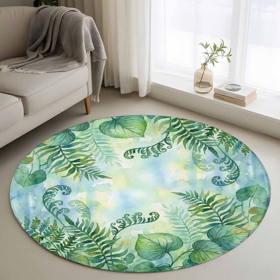 Green Leaves Round Area Rug 3Ft Washable Small Circle Rugs for Kitchen Entryway, Summer Botanical Watercolor Tropical Leaf Non-Slip Carpet Floor Mats Indoor Outdoor Carpet Runner Aesthetic Home Decor