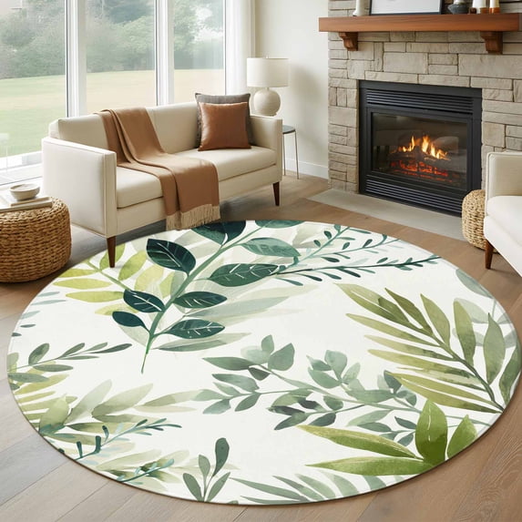 Green Leaves Round Area Rug 7Ft Washable Circle Rugs for Dorm Laundry Room, Summer Botanical Farmhouse Watercolor Leaf Non-Slip Carpet Floor Mats Indoor Outdoor Carpet Runner Aesthetic Home Decor