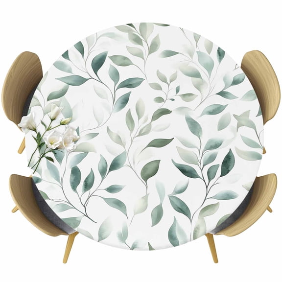 Green Leaves Round Tablecloth 36-44 Inch Round Fitted Table Cloth with Elastic Edge, Country Nature Botanical Plants Vines Waterproof Table Cover Protector for Outdoor Picnic Party Dining