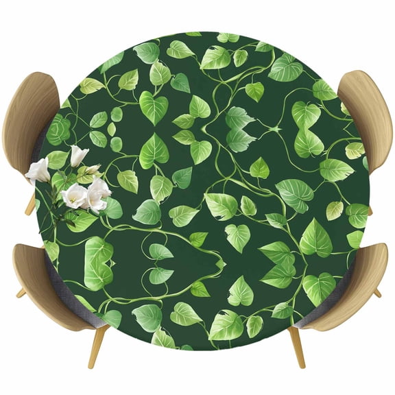 Green Leaves Round Tablecloth 36-44 Inch Round Fitted Table Cloth with Elastic Edge, Retro Botanical Garden Pastoral Plants Waterproof Table Cover Protector for Outdoor Picnic Party Dining