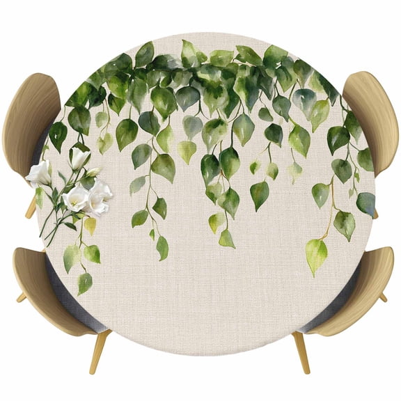 Green Leaves Round Tablecloth 36-44 Inch Round Fitted Table Cloth with Elastic Edge, Retro Farmhouse Pastoral Plants Vines Waterproof Table Cover Protector for Outdoor Picnic Party Dining