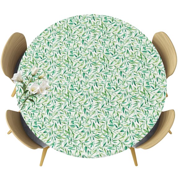 Green Leaves Round Tablecloth 36-44 Inch Round Fitted Table Cloth with Elastic Edge, Rustic Seasonal Botanical Branches Leaf Waterproof Table Cover Protector for Outdoor Picnic Party Dining