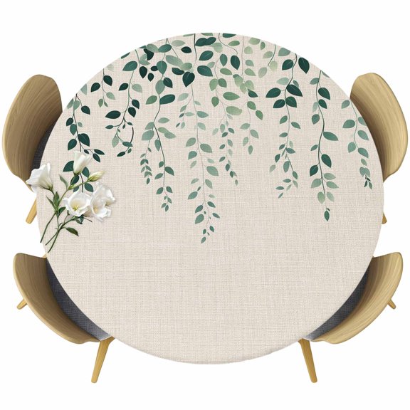 Green Leaves Round Tablecloth 36-44 Inch Round Fitted Table Cloth with Elastic Edge, Spring Pastoral Farmhouse Vines Plants Waterproof Table Cover Protector for Outdoor Picnic Party Dining