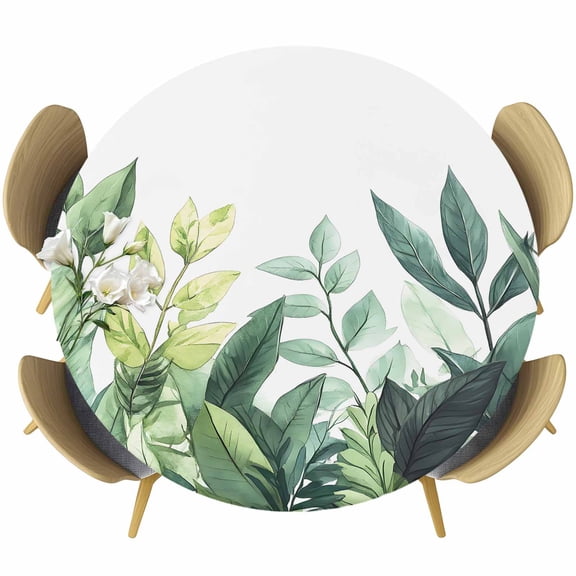 Green Leaves Round Tablecloth 36-44 Inch Round Fitted Table Cloth with Elastic Edge, Summer Botanical Tropical Plants Leaf Waterproof Table Cover Protector for Outdoor Picnic Party Dining