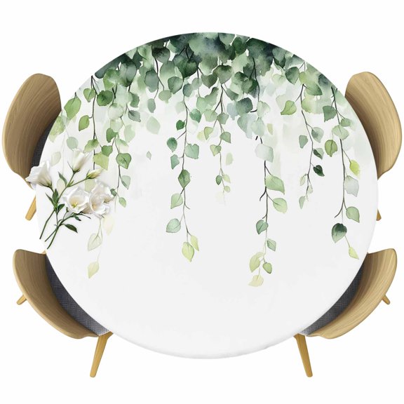 Green Leaves Round Tablecloth 36-44 Inch Round Fitted Table Cloth with Elastic Edge, Watercolor Country Spring Botanical Leaf Waterproof Table Cover Protector for Outdoor Picnic Party Dining