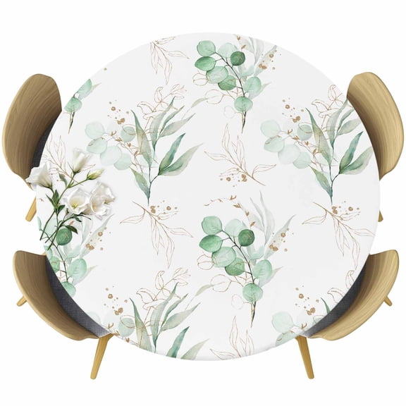 Green Leaves Round Tablecloth 55-60 Inch Round Fitted Table Cloth with Elastic Edge, Simple Watercolor Eucalyptus Plants Herbs Waterproof Table Cover Protector for Outdoor Picnic Party Dining