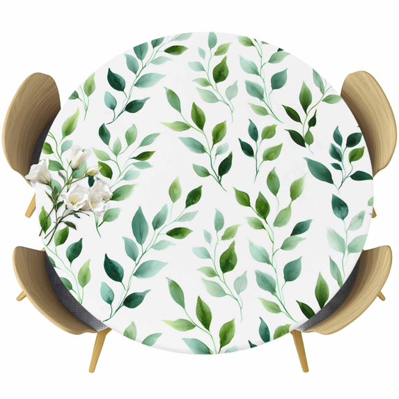 Green Leaves Round Tablecloth, Fitted Table Cover with Elastic for 45"-54" Round Tables, Botanical Spring Country Watercolor Table Cloth Outdoor Indoor Dinning Party Waterproof Tablecloths