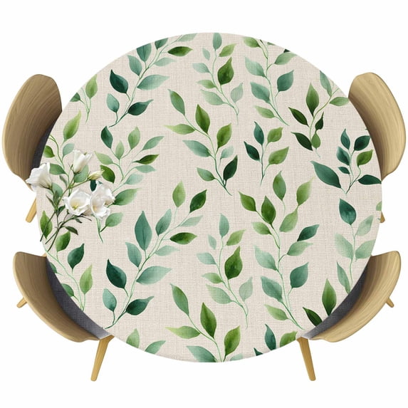 Green Leaves Round Tablecloth, Fitted Table Cover with Elastic for 45"-54" Round Tables, Watercolor Spring Botanical Country Beige Table Cloth Outdoor Indoor Dinning Party Waterproof Tablecloths