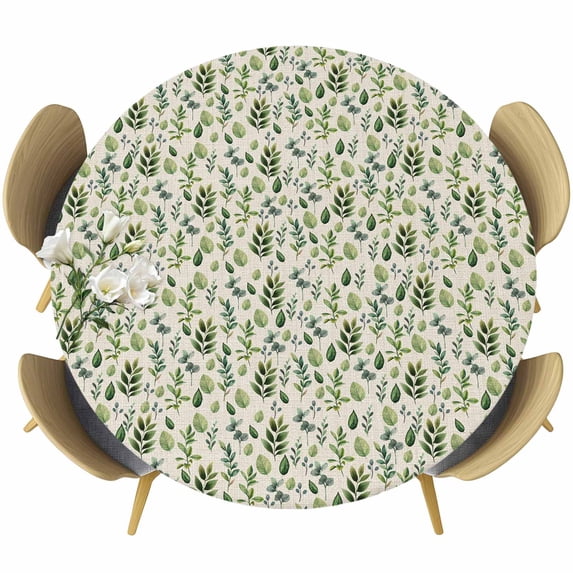 Green Leaves Round Tablecloth, Fitted Table Cover with Elastic for 55"-60" Round Tables, Pastoral Rustic Botanical Plant Beige Table Cloth Outdoor Indoor Dinning Party Waterproof Tablecloths