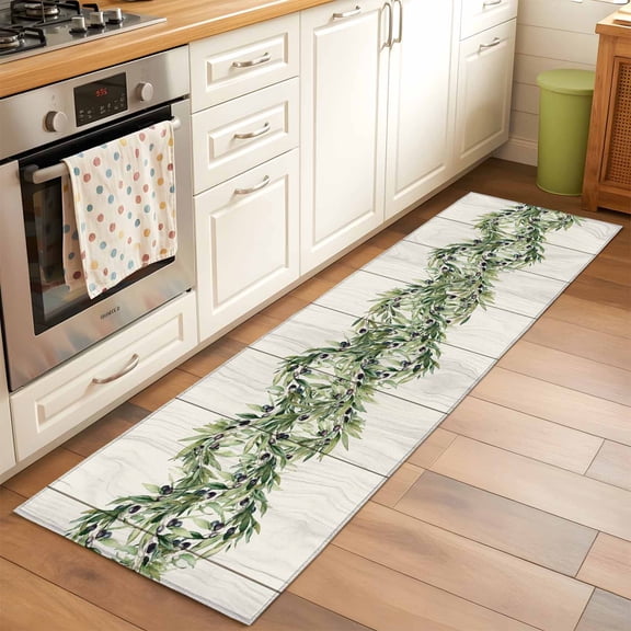 Green Leaves Runner Rugs 2x6 ft Beige Wooden Grain Striped Olives Retro Washable Hallway Rugs Non-Slip Floor Mats Absorbent Carpet Bedside Runners for Bedroom Kitchen Bathroom Laundry Room