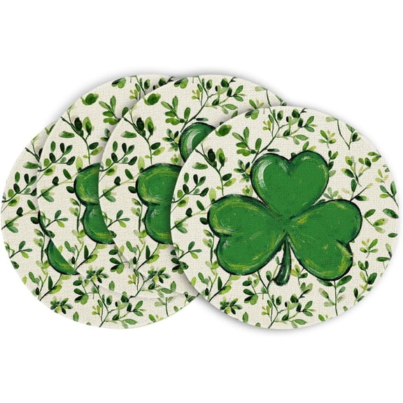 Green Leaves Shamrocks St. Patrick's Day Round Placemats Set of 4, 14 Inch Lucky Irish Spring Table Mats for Party Kitchen Dining Decoration