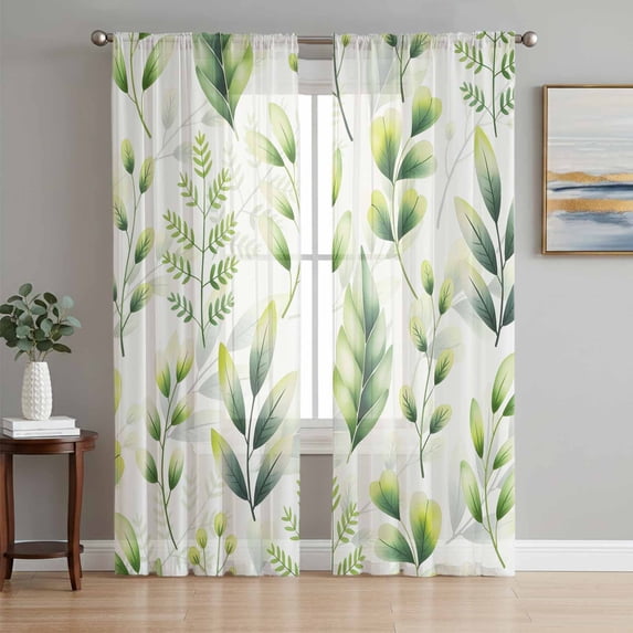 Green Leaves Sheer Curtains 108 Inch Length 2 Panels Set Window Treatments, Summer Botanical Farmhouse Leaf Watercolor Rod Pocket Semi Curtains for Living Room/Bedroom/Kitchen Décor, 104"W x 108"L